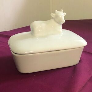 Vintage Cow Block Butter Cheese Dish White Glazed Farm House Country Decor
